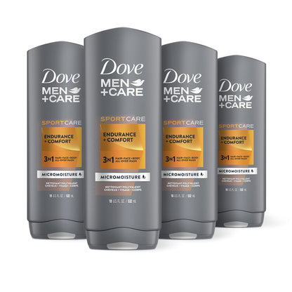 Dove Men+Care SportCare Body Wash and Face Wash For Energized, Clean Skin Endurance + Comfort Cleanser That Effectively Washes Away Bacteria While Nourishing Your Skin, 18 FL Oz (Pack of 4)