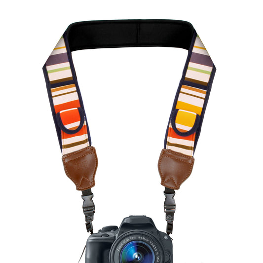 USA GEAR TrueSHOT Camera Strap with Vintage Stripe Neoprene Pattern, Accessory Pockets and Quick Release Buckles - Compatible with Canon, Nikon, Sony and More DSLR, Mirrorless, Instant Cameras