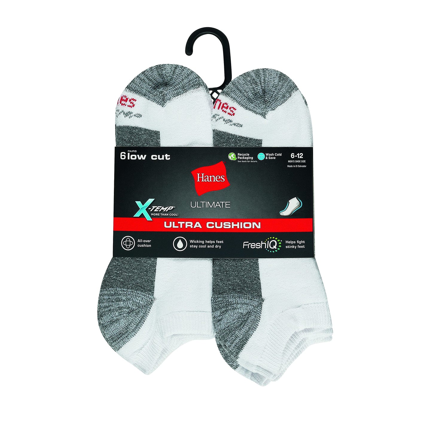 Hanes Ultimate Men's Ultra Cushion FreshIQ Odor Control with Wicking Low Cut Socks, 6-Pair Pack, White, 6-12