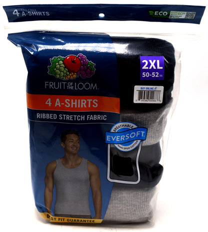 Fruit of the Loom Mens Black and Gray A-Shirts, 4 Pack, Extended Sizes, 2XL, Assorted