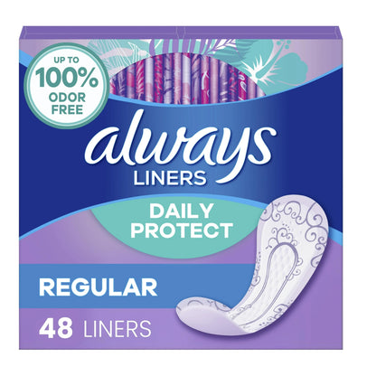 Always Radiant Pantyliners, Regular, Unscented, 48 Count, 2 Pack. (Includes 96 Pantiliners Total.)
