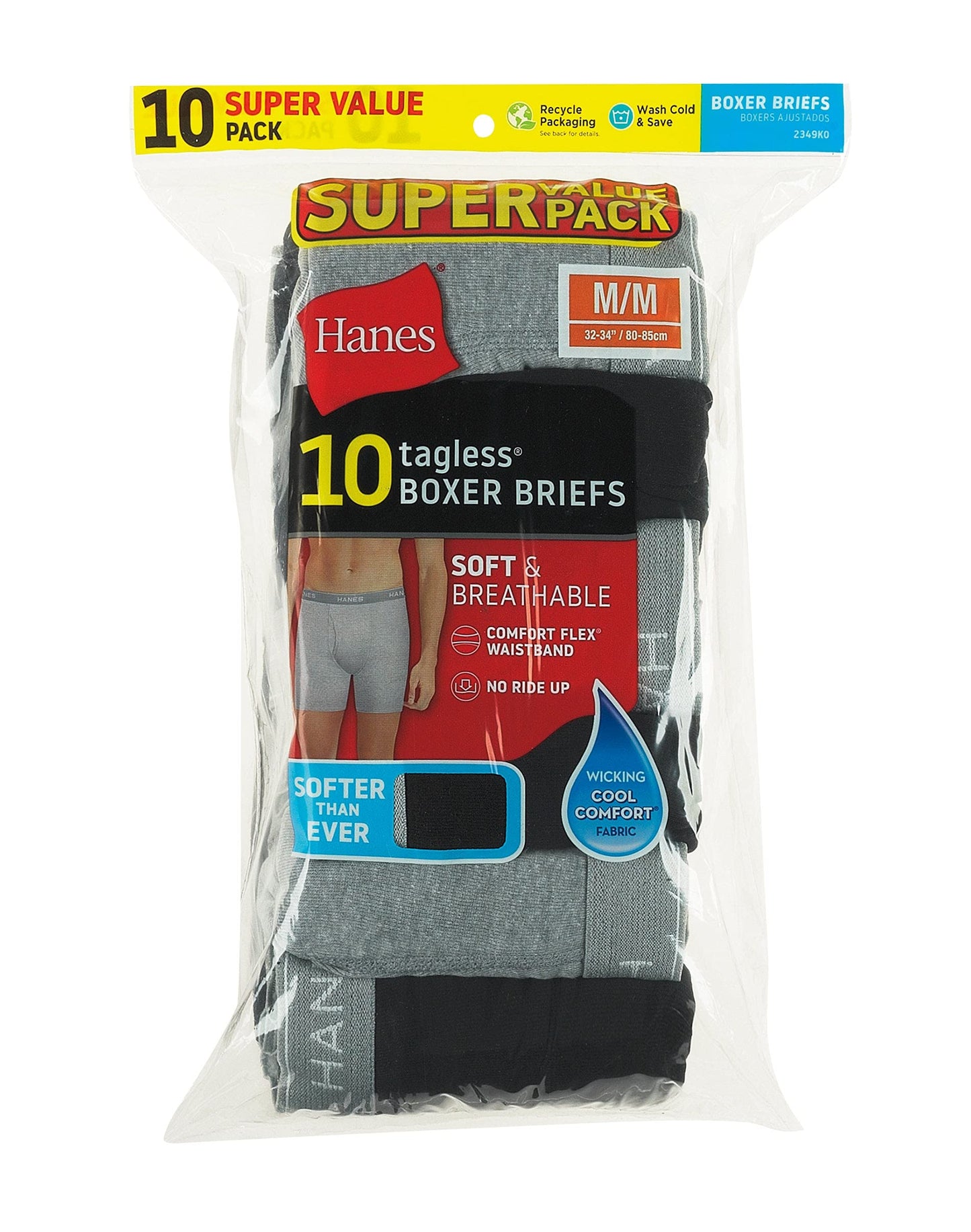 Hanes Mens Tagless Boxer Briefs 10-Pack, XL, Black/Grey