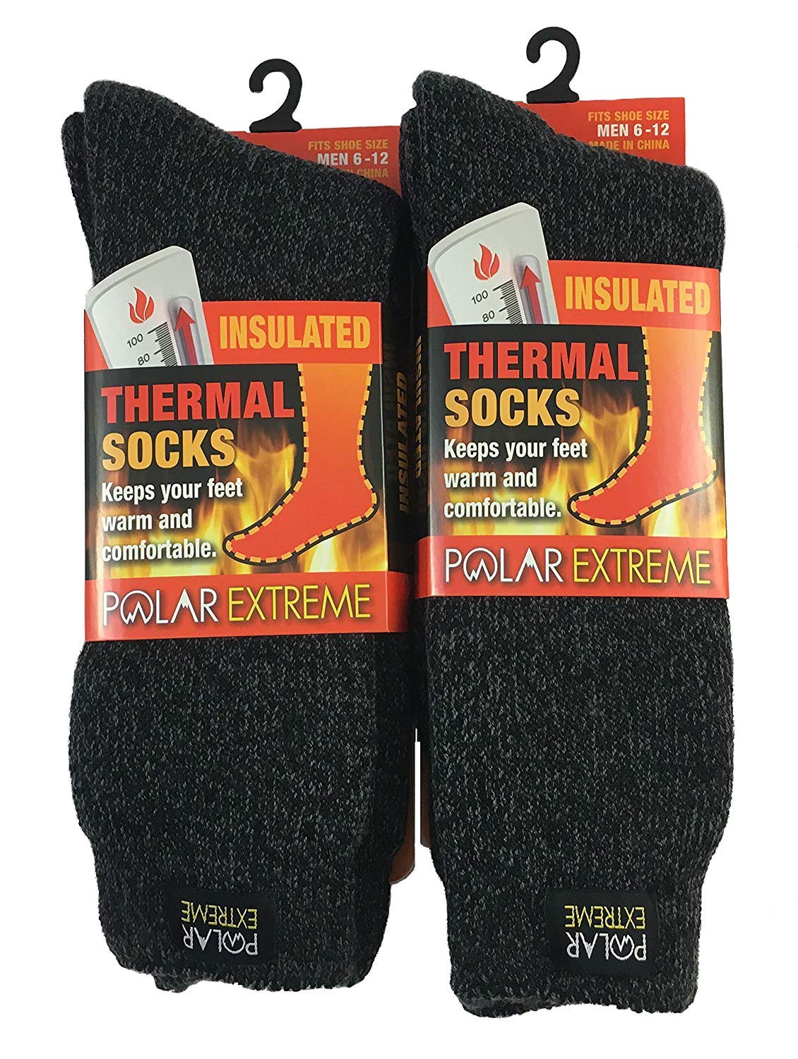 Polar Extreme Men's Thermal Socks, Black/Gray, 2-Pack, Insulated and Warm, Cold Weather