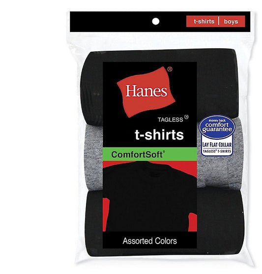 Hanes ComfortSoft Tagless Boys' Crewneck T-Shirt 3-Pack # B2138 (Black & Grey, Large)