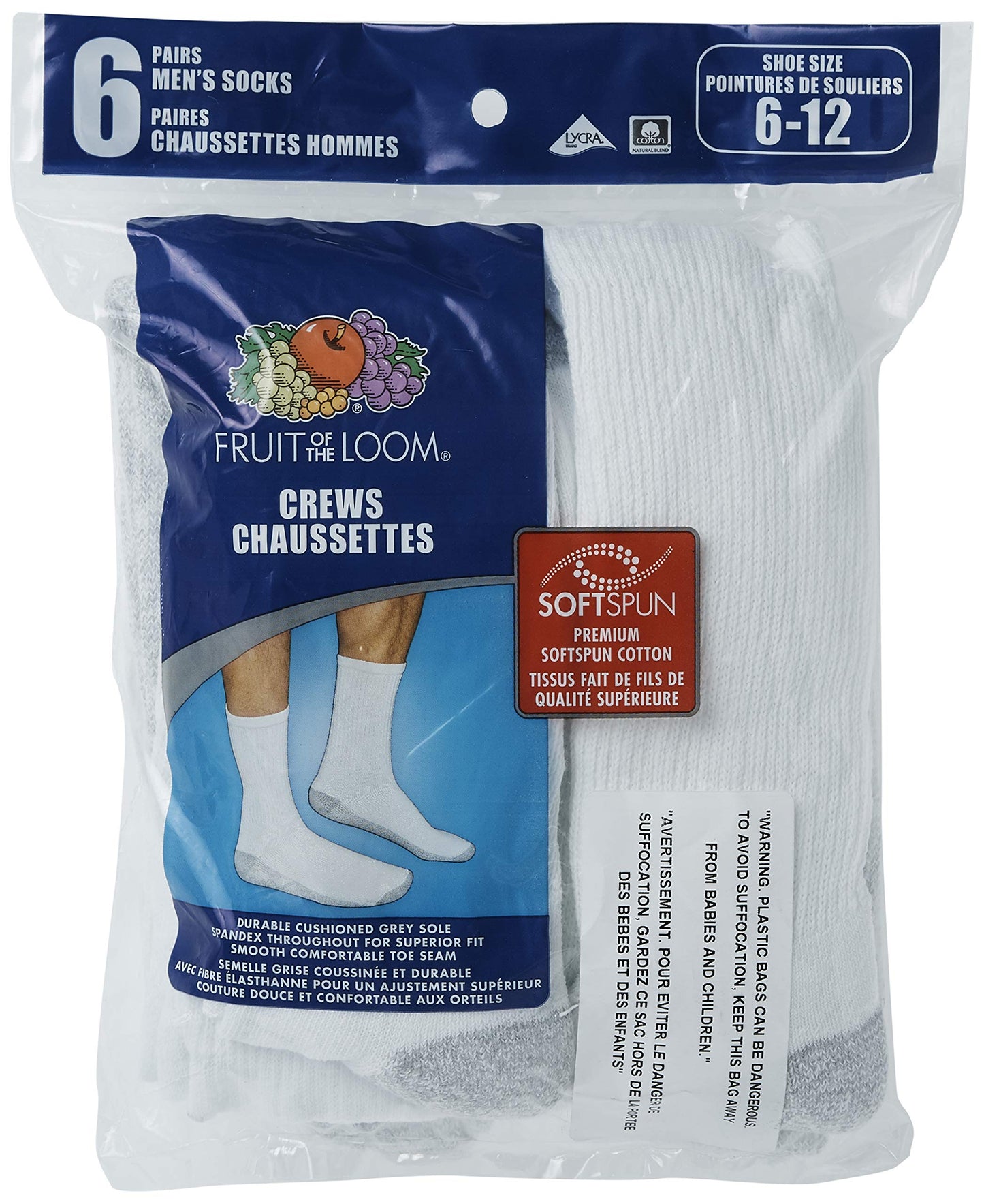 Fruit Of The Loom Men's 6 Pack Cushion Crew Socks, White, Sock Size:10-13/Shoe Size: 6-12