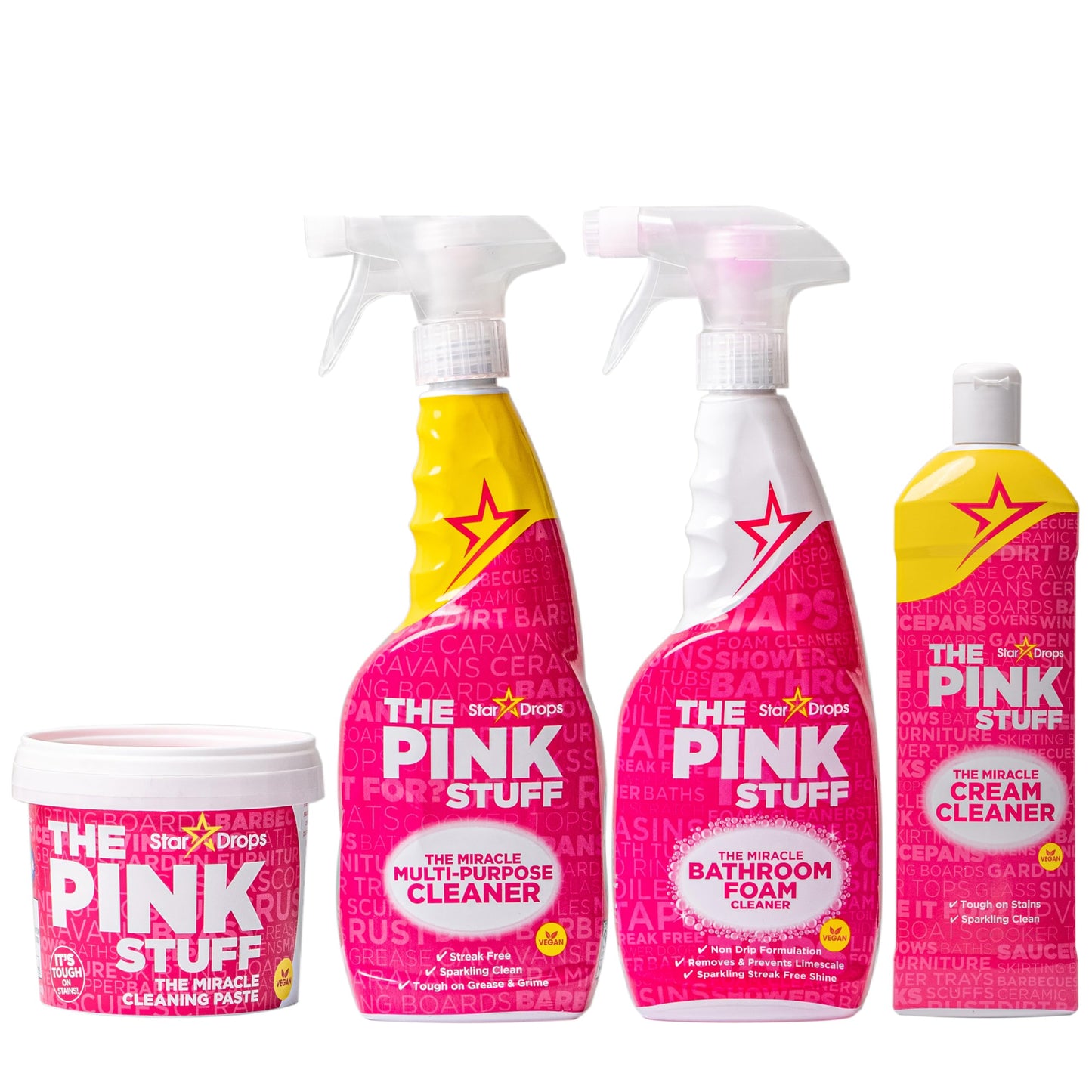 Stardrops - The Pink Stuff - Miracle Cleaning Ultimate Bundle - Paste, Multi-Purpose Spray, Bathroom Foam Spray, and Cream Cleaner - Ideal for Kitchens, Bathrooms, Outdoors, and More