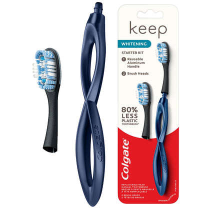 Colgate Keep Soft Manual Toothbrush for Adults with 2 Whitening Brush Heads, Navy
