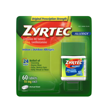 Pharmapacks Zyrtec 24 Hour Allergy Relief Tablets, Antihistamine Indoor & Outdoor Medicine with 10 mg Cetirizine HCl, 60 ct (Pack of 5)