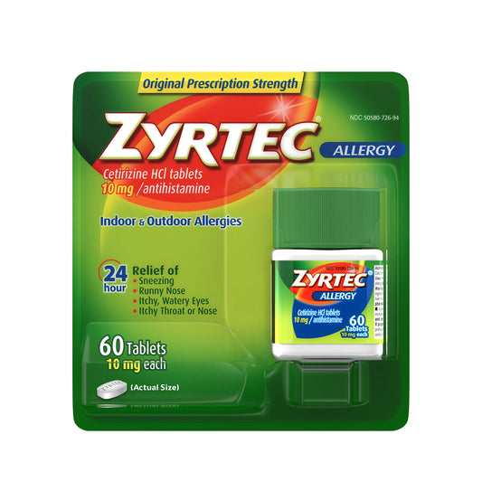 Pharmapacks Zyrtec 24 Hour Allergy Relief Tablets, Antihistamine Indoor & Outdoor Medicine with 10 mg Cetirizine HCl, 60 ct (Pack of 5)