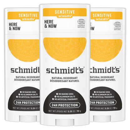 Schmidt's Aluminum Free Natural Deodorant for Women and Men, Here + Now for Sensitive Skin with 24 Hour Odor Protection, Certified Cruelty Free, Vegan Deodorant,3.25 Ounce (Pack of 3)