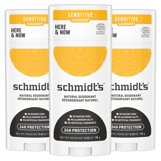 Schmidt's Aluminum Free Natural Deodorant for Women and Men, Here + Now for Sensitive Skin with 24 Hour Odor Protection, Certified Cruelty Free, Vegan Deodorant,3.25 Ounce (Pack of 3)