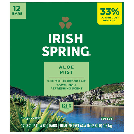 Irish Spring Bath Bar Soap, Aloe, 3.75 oz Bars, 12-Count