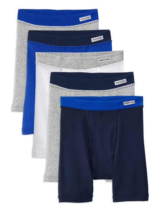 Fruit of the Loom Boys' Big Assorted Print Boxer Briefs, Traditional Fly-5 Pack-Covered Waistband, Large