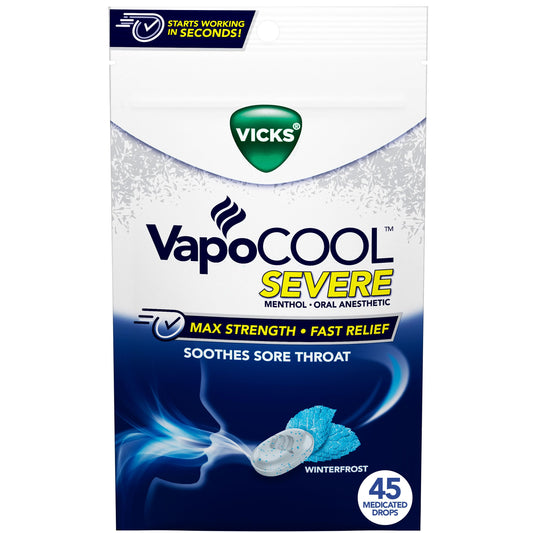 Vicks VapoCool Severe Medicated Sore Throat Drops, Max Strength Menthol, Soothes Sore Throat Pain, Winterfrost Flavor, 45ct