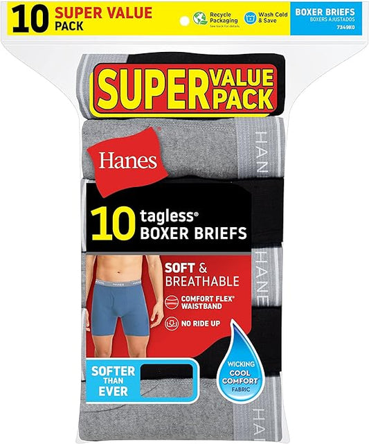 Hanes Men's Boxer Briefs, Soft and Breathable Cotton Underwear with ComfortFlex Waistband, Black And Gray 10 Pack