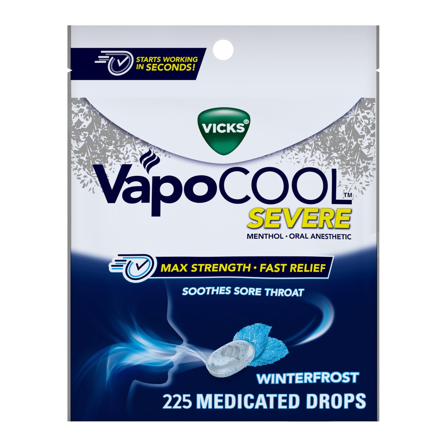 Vicks VapoCool Severe Medicated Sore Throat Drops, Max Strength Menthol, Soothes Sore Throat Pain, Winterfrost Flavor, 45ct