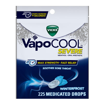 Vicks VapoCool Severe Medicated Sore Throat Drops, Max Strength Menthol, Soothes Sore Throat Pain, Winterfrost Flavor, 45ct