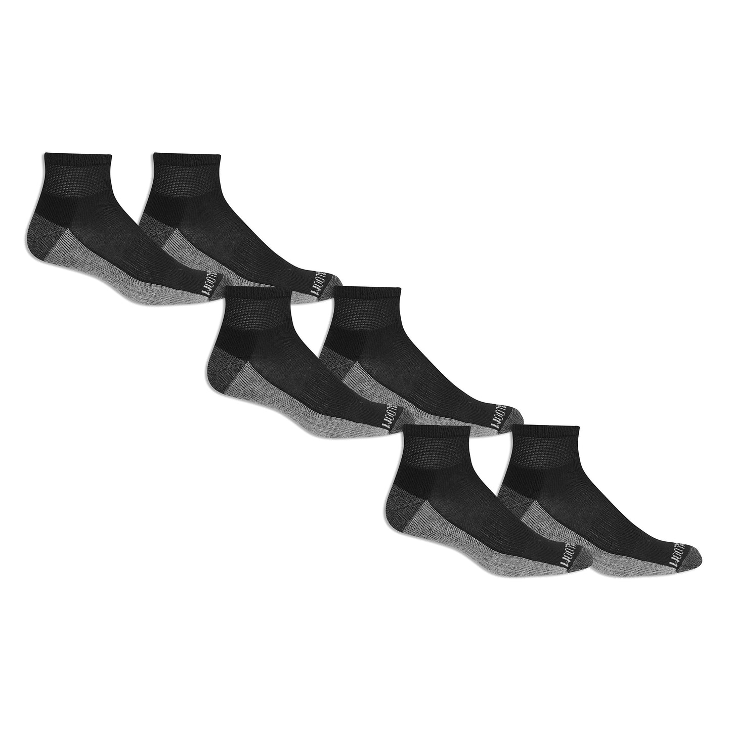 Fruit of the Loom Men's Ankle Quarter Socks (6 Pack) with Cushion and Arch Support, Black (Gray Sole), Shoe Size: 6-12