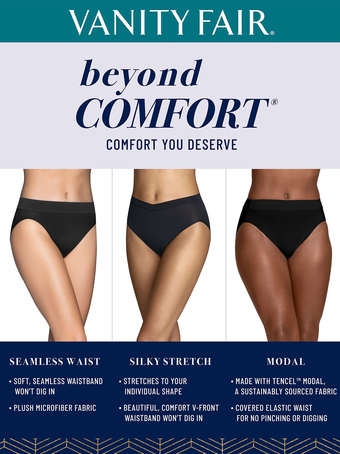 Vanity Fair Women's Beyond Comfort Bikini Panties, Silky Stretch-3 Pack-Black, 9