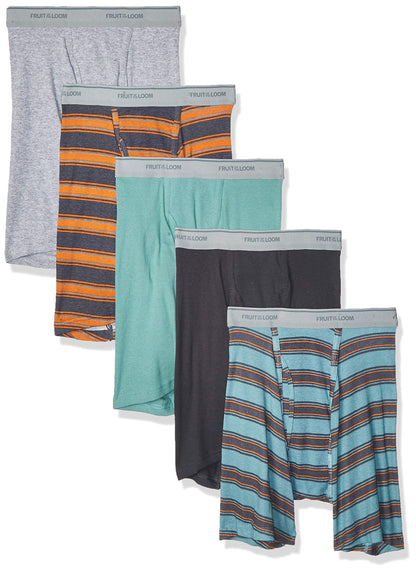 Fruit of the Loom Men's No Ride Up Boxer Brief, Stripe/Solid - Traditional Fly, Large