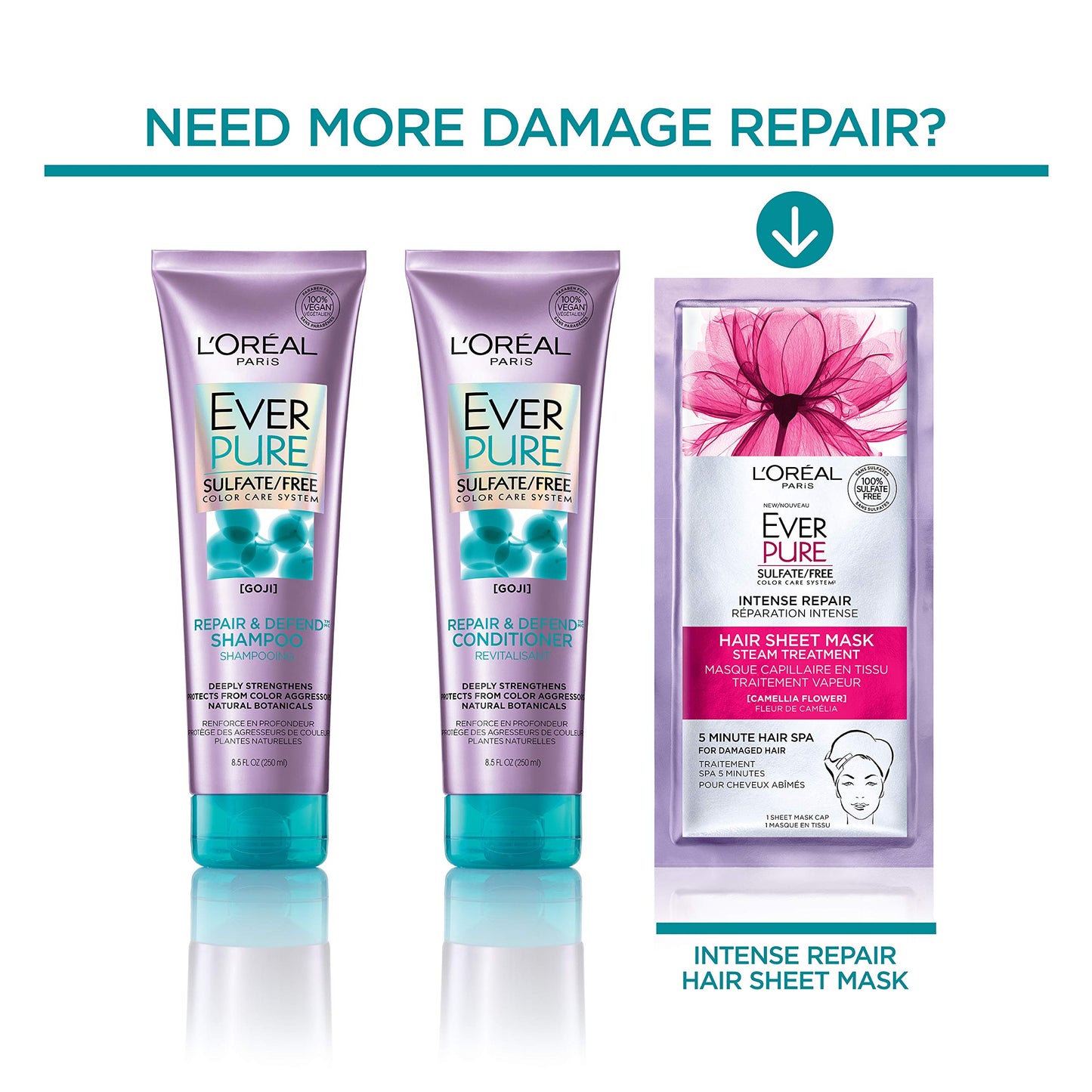 L'Oreal Paris EverPure Repair and Defend Sulfate Free Conditioner for Color-Treated Hair, Strengthens and Repairs Damaged Hair, with Goji, 2 Count (8.5 Fl; Oz each) (Packaging May Vary)