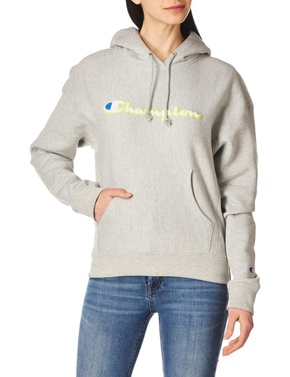 Champion Women's Reverse Weave Hoodie, Script Logo, White-Y07781, Small