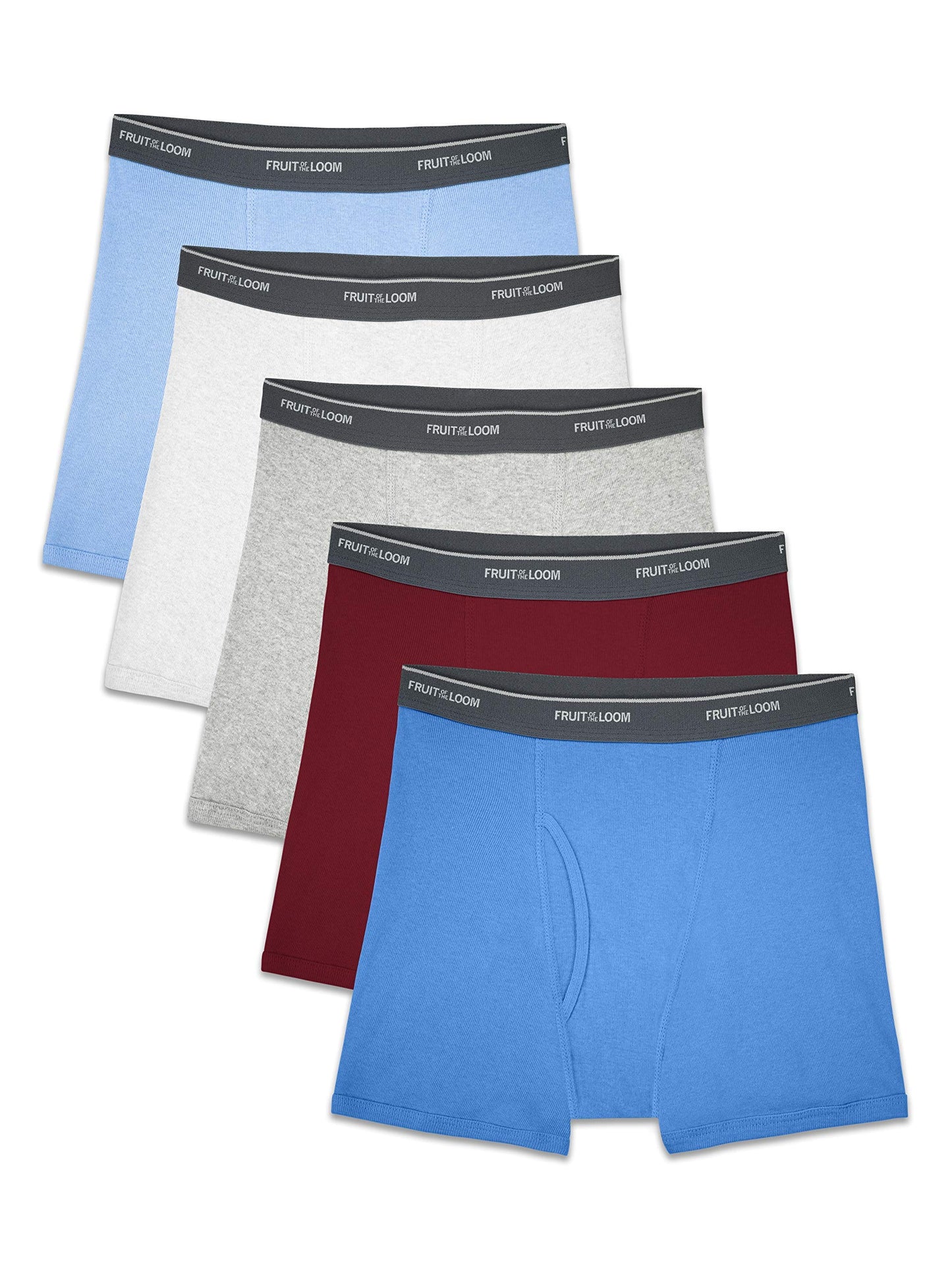Fruit of the Loom boys (Assorted Colors) Boxer Briefs, Traditional Fly - 5 Pack Solids, Large US