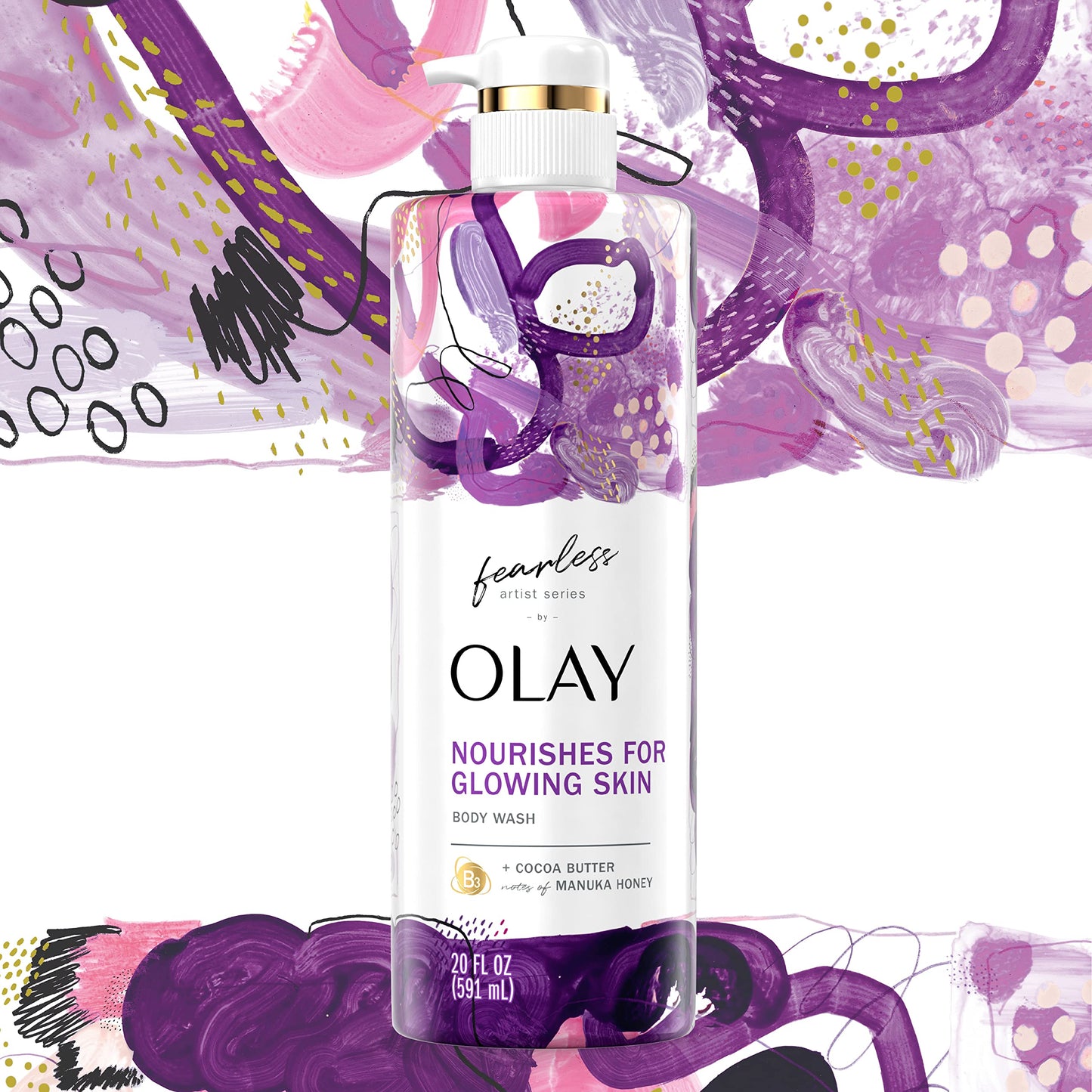 Olay Fearless Moisturizing Body Wash for Women with Cocoa Butter and Notes of Manuka Honey Artist Series 20 fl oz (Pack of 4)