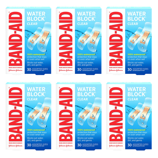 Band-Aid Brand Water Block Clear Waterproof Sterile Adhesive Bandages for First-Aid Wound Care of Minor Cuts and Scrapes, Assorted Sizes, 30 ct (Pack of 6)