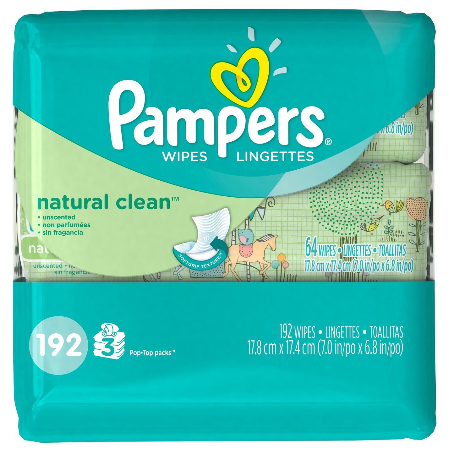 Pampers Baby Wipes Natural Clean (Unscented) 3X Pop-Top Packs, 192 Diaper Wipes