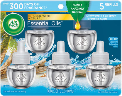 Air Wick Plug in Scented Oil Refill, 5ct, Driftwood & Sea Spray (Turquoise Oasis), Essential Oils, Air Freshener