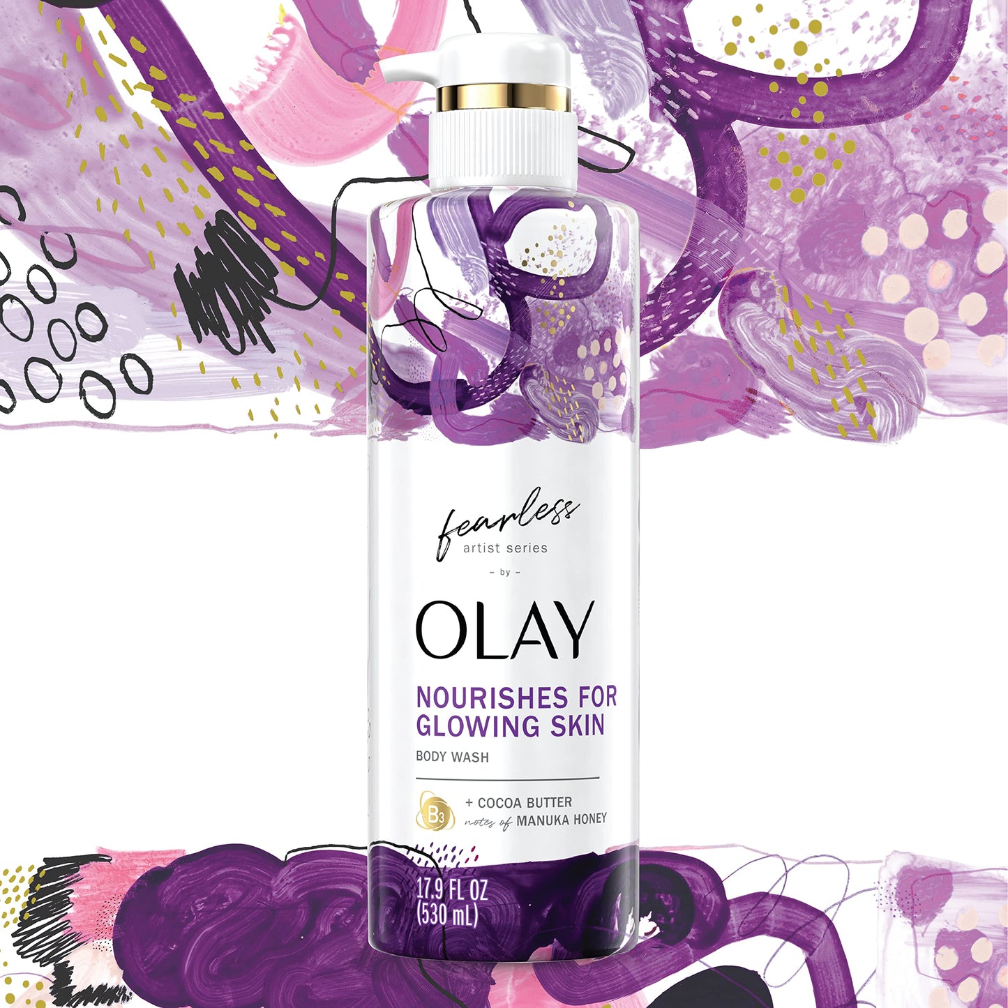 Olay Fearless Moisturizing Body Wash for Women with Cocoa Butter and Notes of Manuka Honey Artist Series 20 fl oz (Pack of 4)
