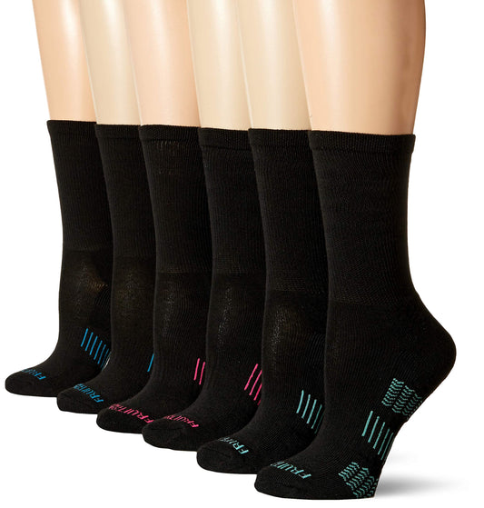 Fruit of the Loom Women's Everyday Active Crew Socks-6 Pair Pack, Black, Blue, Green, Pink, Shoe Size: 4-10