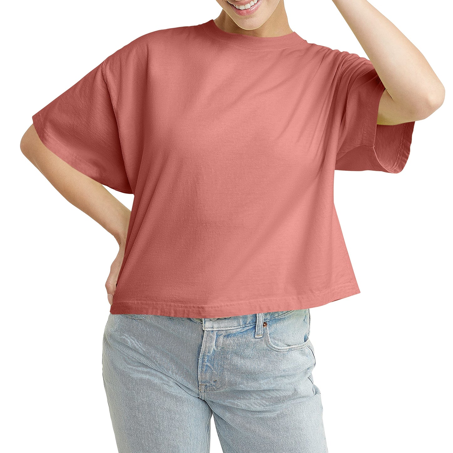 Hanes Comfortblend Originals Garment Washed T-Shirt, Crewneck Crop Tees for Women, Nantucket RED