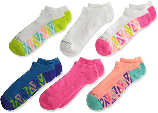 Fruit of the Loom Girls' Big Everyday Active No Show Socks-6 Pair Pack, White, Pink, Purple, Blue, Green, Teal, Shoe Size: 4-10