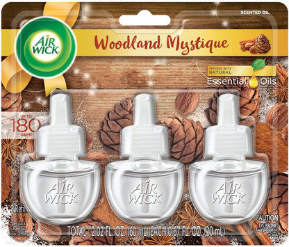 Air Wick Plug in Scented Oil, Woodland Mystique, Fall scent, Fall spray, (3x0.67oz), Essential Oils, Air Freshener, Packaging May Vary, 3 Count