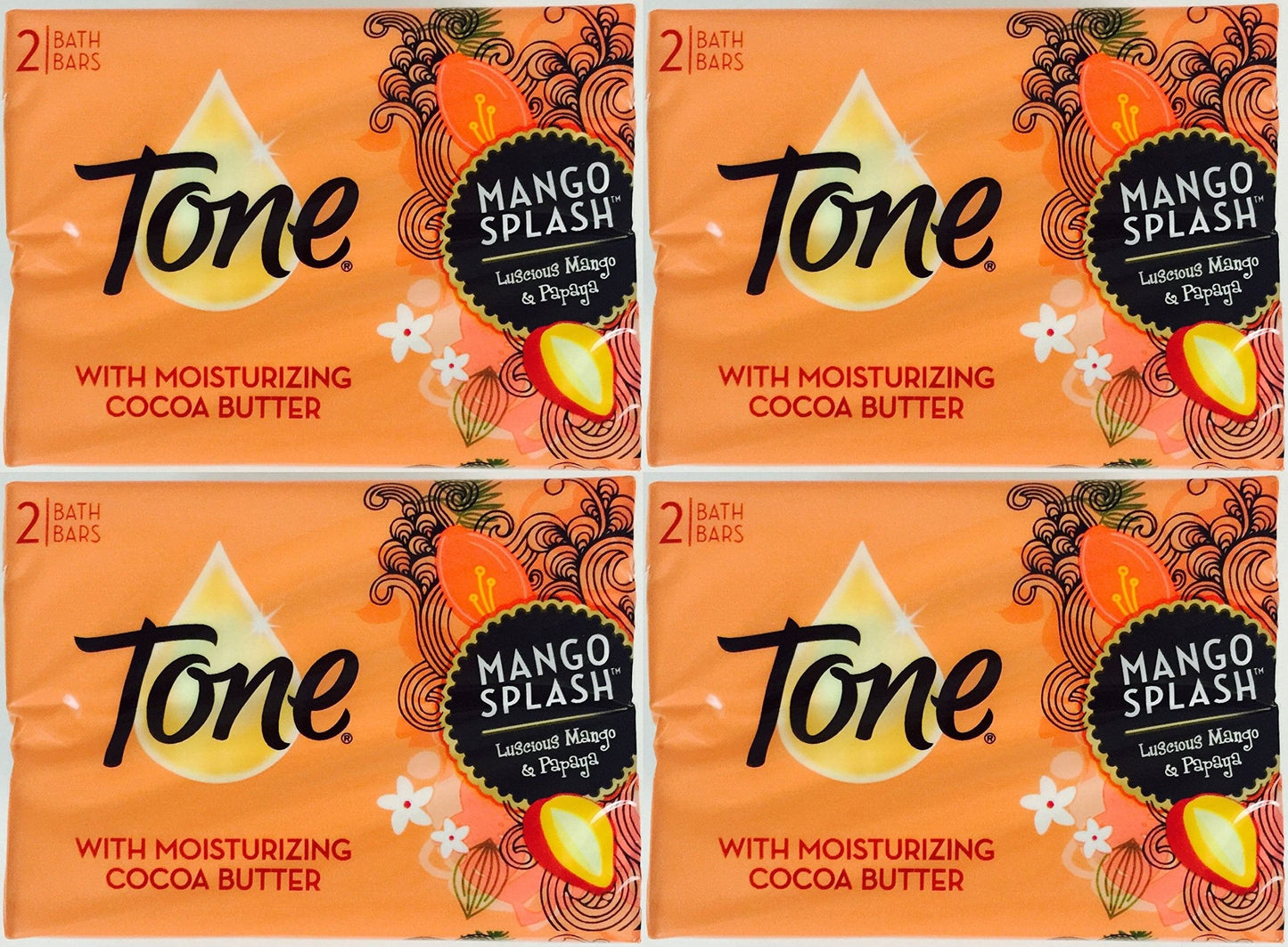 Tone Bath Bars Cocoa Butter Mango Splash, 4.25 Oz, 2 Count, (Pack of 4) 8 Bars Total