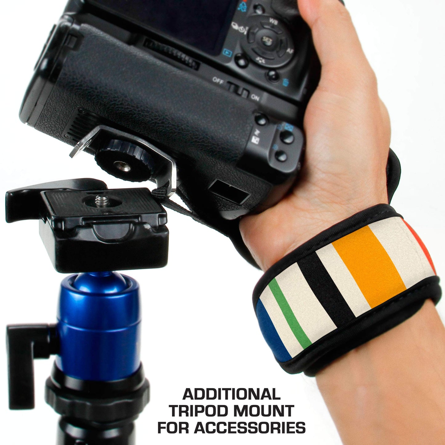 USA GEAR DualGRIP Professional Grip Camera Hand Strap with Neoprene Design and Metal Plate - Compatible with Canon, Fujifilm, Nikon, Sony, and More DSLR, Mirrorless, Point & Shoot Cameras (Striped)