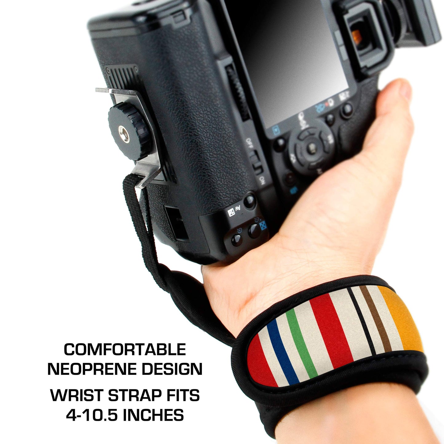 USA GEAR DualGRIP Professional Grip Camera Hand Strap with Neoprene Design and Metal Plate - Compatible with Canon, Fujifilm, Nikon, Sony, and More DSLR, Mirrorless, Point & Shoot Cameras (Striped)
