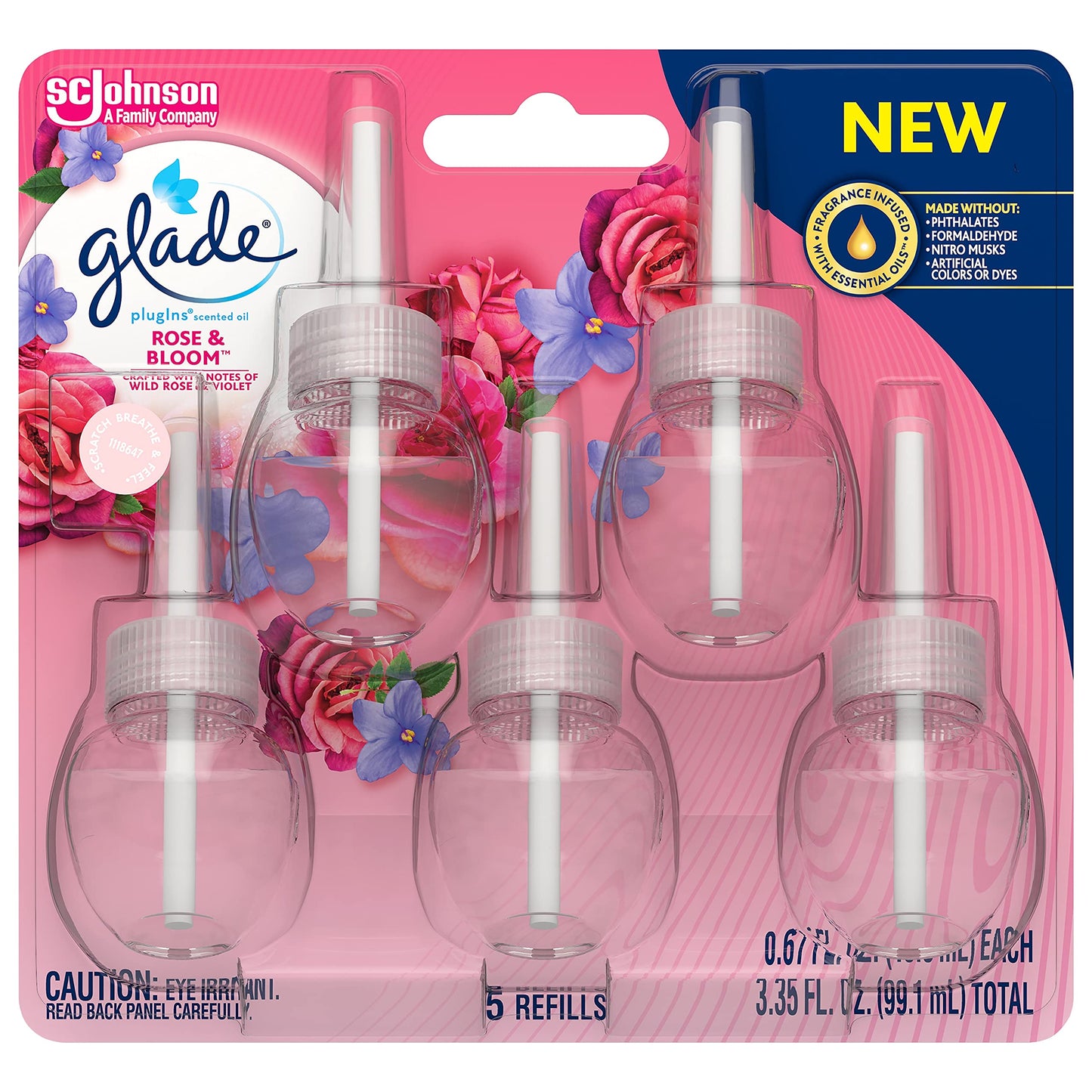 Glade PlugIns Refills Air Freshener, Scented and Essential Oils for Home and Bathroom, Rose & Bloom, 3.35 Fl Oz, 5 Count