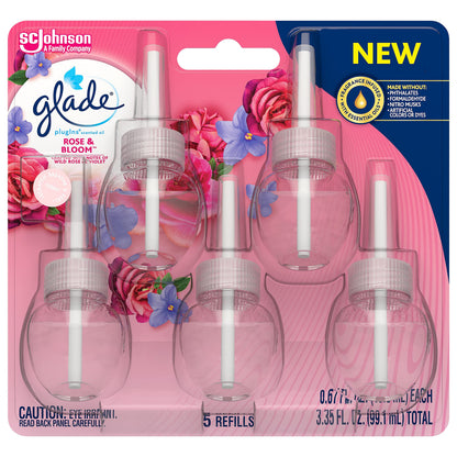Glade PlugIns Refills Air Freshener, Scented and Essential Oils for Home and Bathroom, Rose & Bloom, 3.35 Fl Oz, 5 Count