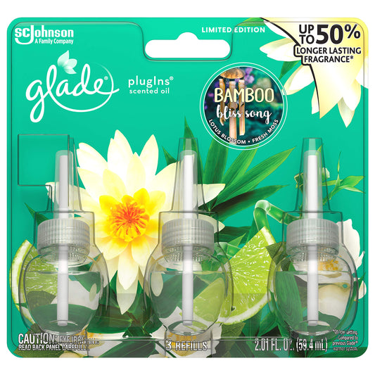 Glade PlugIns Scented Oil Air Freshener Refill - Limited Edition | Bamboo Bliss Song Scent - 3 Count Oil Refills Per Package (0.67 Ounce Each) - Pack of 2 Packages (Total - 4.02 Fl. Oz.)