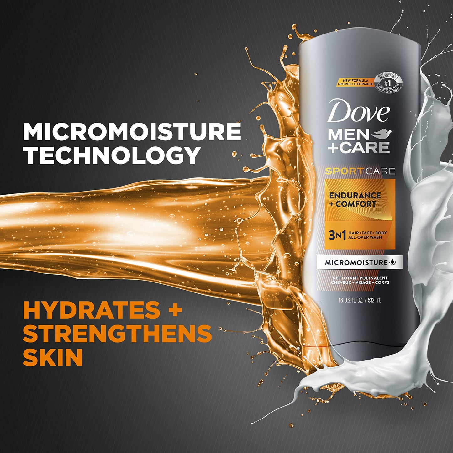 Dove Men+Care SportCare Body Wash and Face Wash For Energized, Clean Skin Endurance + Comfort Cleanser That Effectively Washes Away Bacteria While Nourishing Your Skin, 18 FL Oz (Pack of 4)