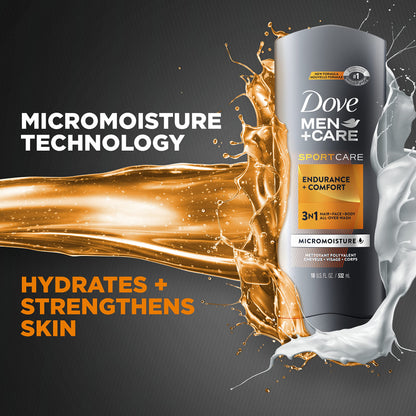 Dove Men+Care SportCare Body Wash and Face Wash For Energized, Clean Skin Endurance + Comfort Cleanser That Effectively Washes Away Bacteria While Nourishing Your Skin, 18 FL Oz (Pack of 4)
