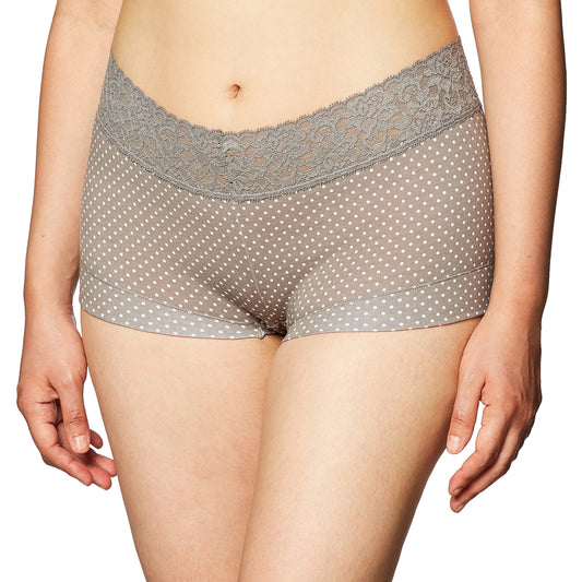 Maidenform Women's Dream Cotton with Lace Boy Short, Steel Grey Dot, 2X/9