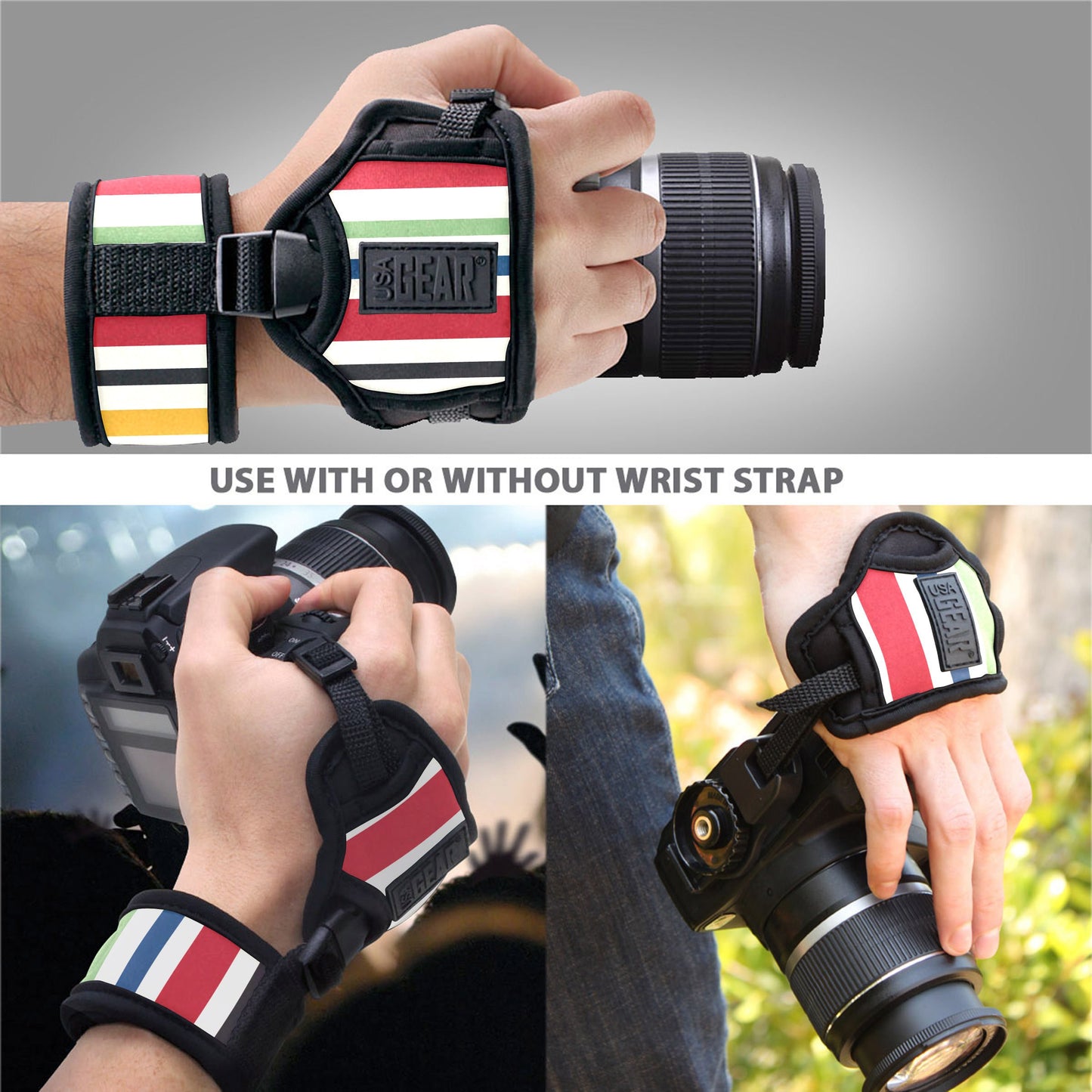 USA GEAR DualGRIP Professional Grip Camera Hand Strap with Neoprene Design and Metal Plate - Compatible with Canon, Fujifilm, Nikon, Sony, and More DSLR, Mirrorless, Point & Shoot Cameras (Striped)