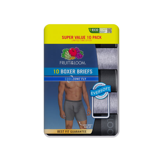 Fruit of the Loom Men's CoolZone Fly Boxer Briefs, Black And Gray 10 Pack