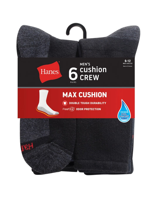 Hanes Double Tough Men's Crew Socks, Max Cushion, 6-Pairs Size 6-12